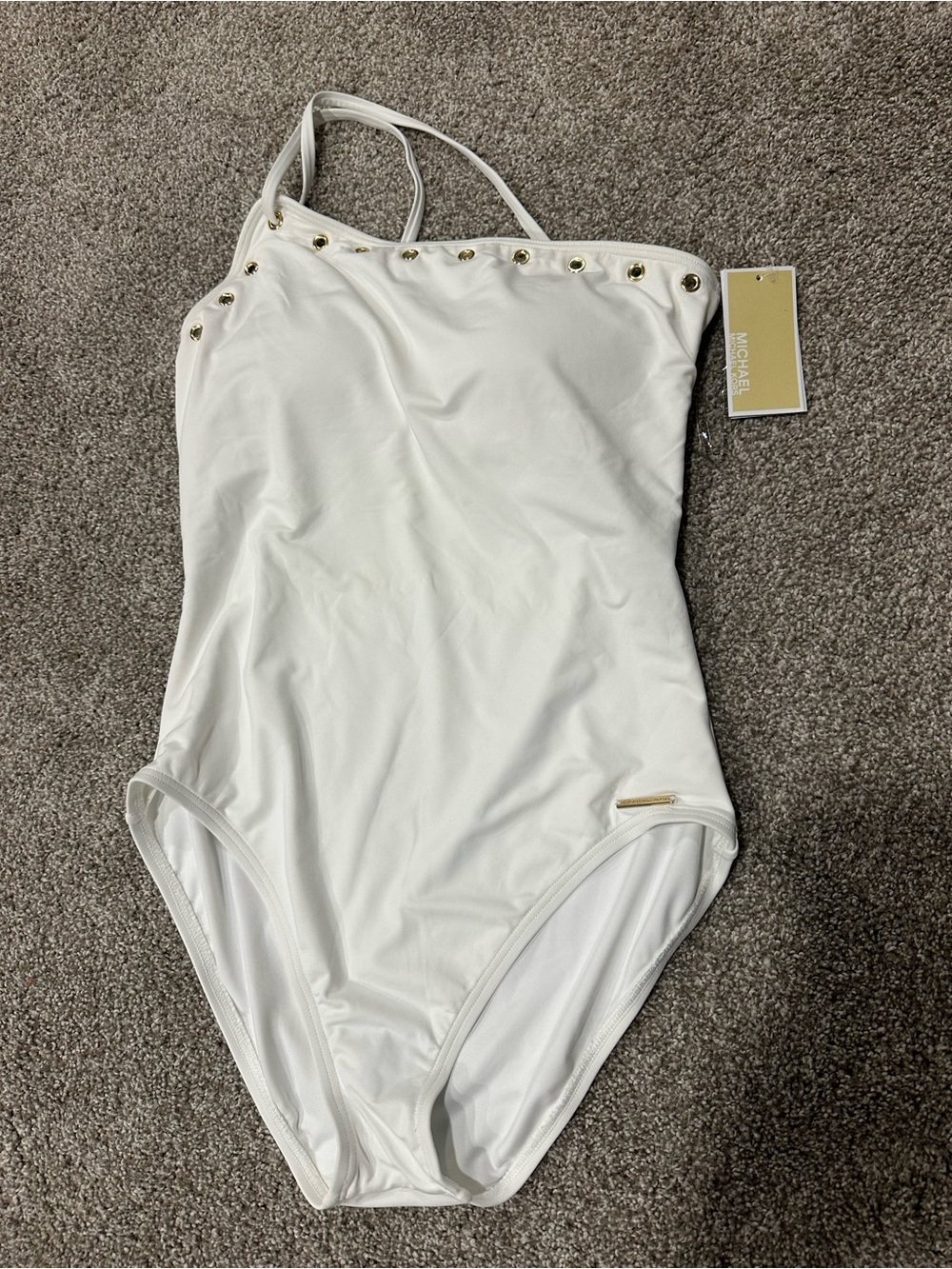 NWT Michael Kors White One Shoulder Swimsuit Size 14 Gold Grommets Cruise 2020